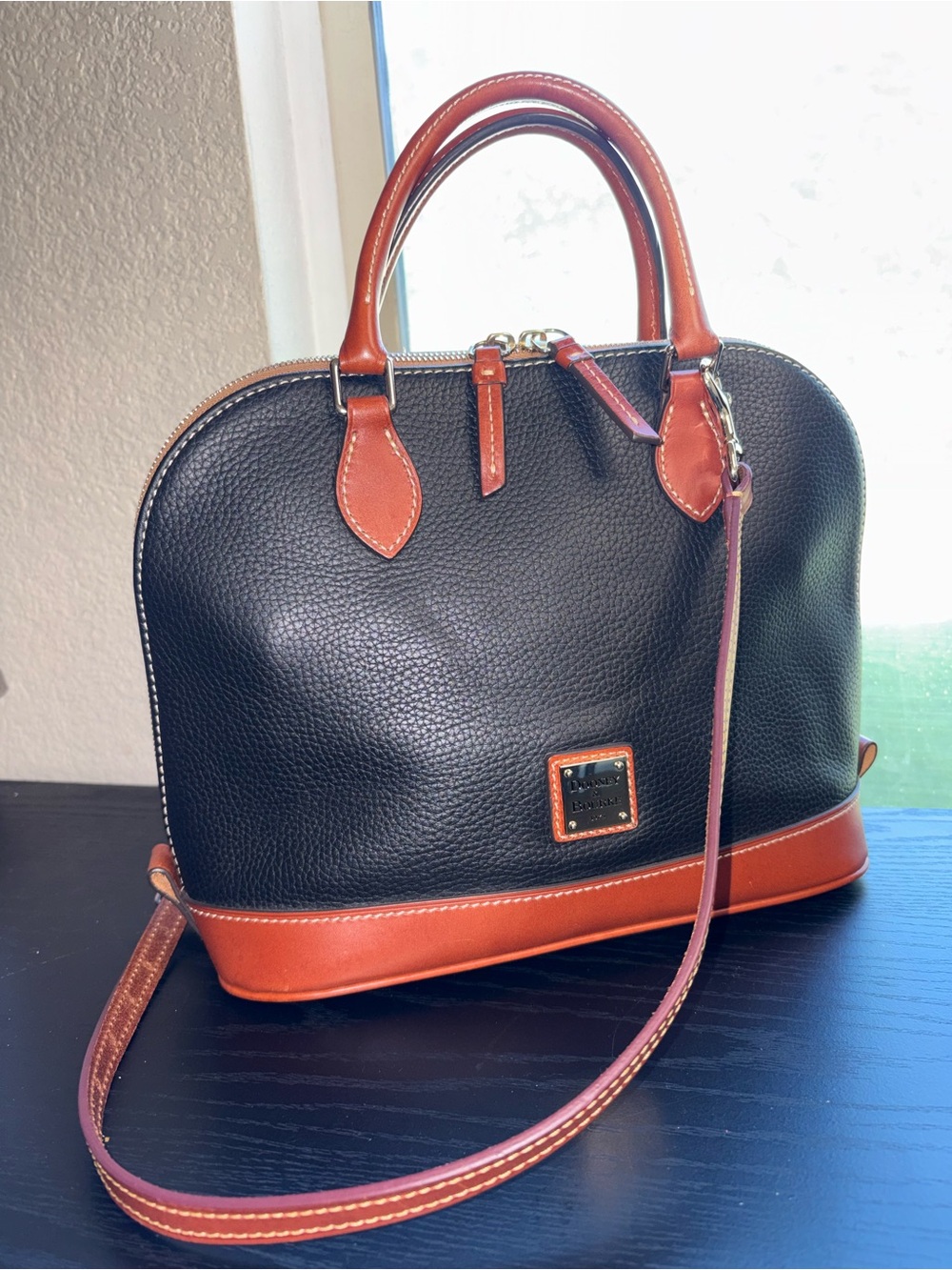 Dooney & Bourke Black and Brown Pebbled Leather Satchel